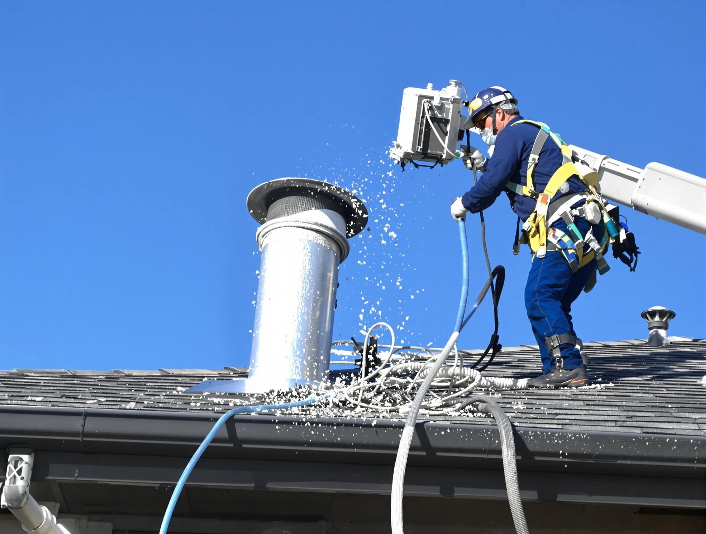 Mountain Green Dryer Vent Cleaning certified technician safely cleaning a roof-mounted dryer vent in Mountain Green