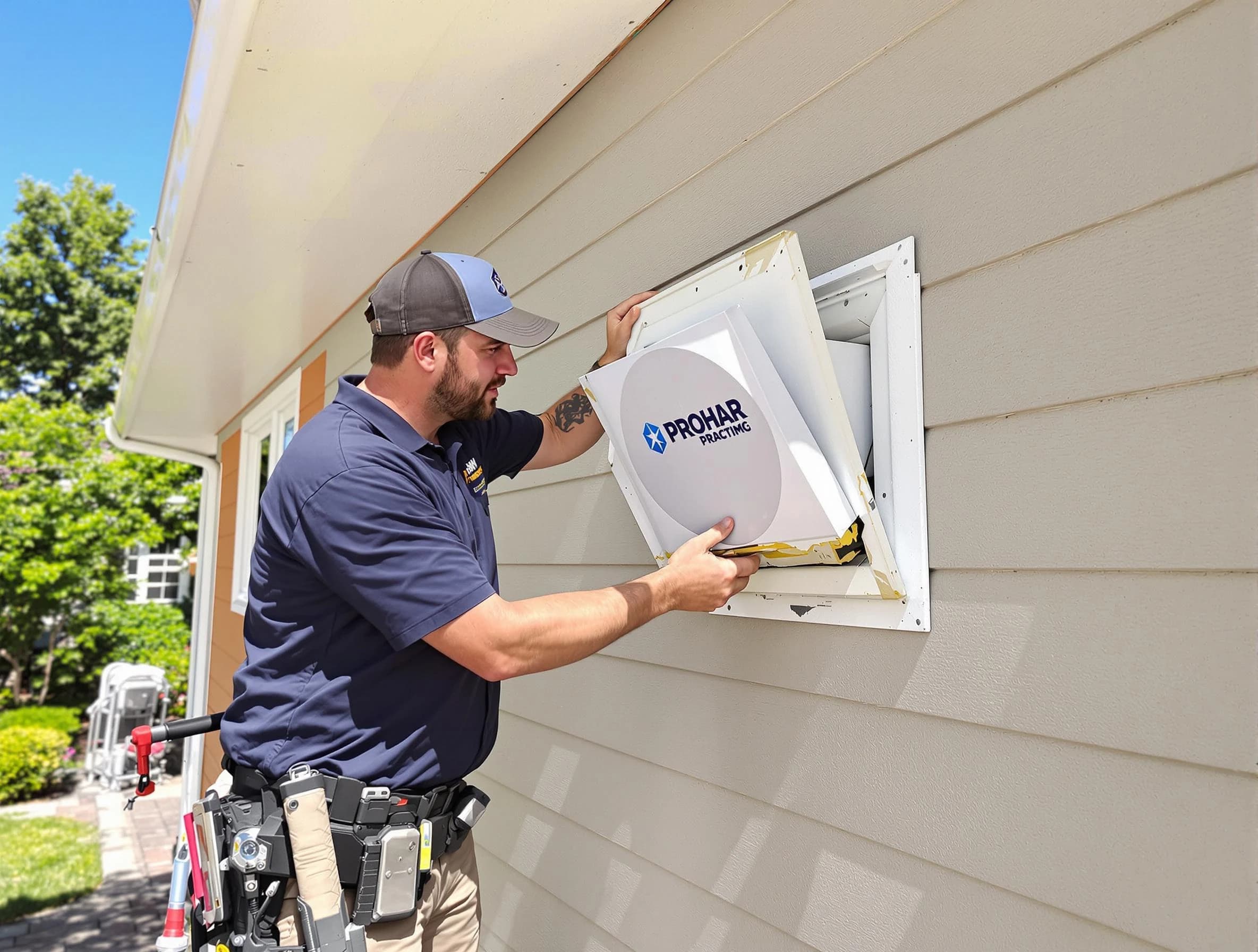 Mountain Green Dryer Vent Cleaning technician installing a new protective dryer vent cover on a home in Mountain Green