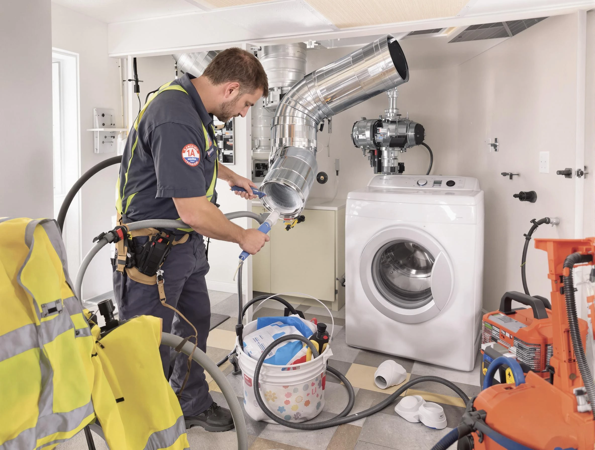 Mountain Green Dryer Vent Cleaning technician using specialized equipment to clear severe dryer vent blockage in Mountain Green